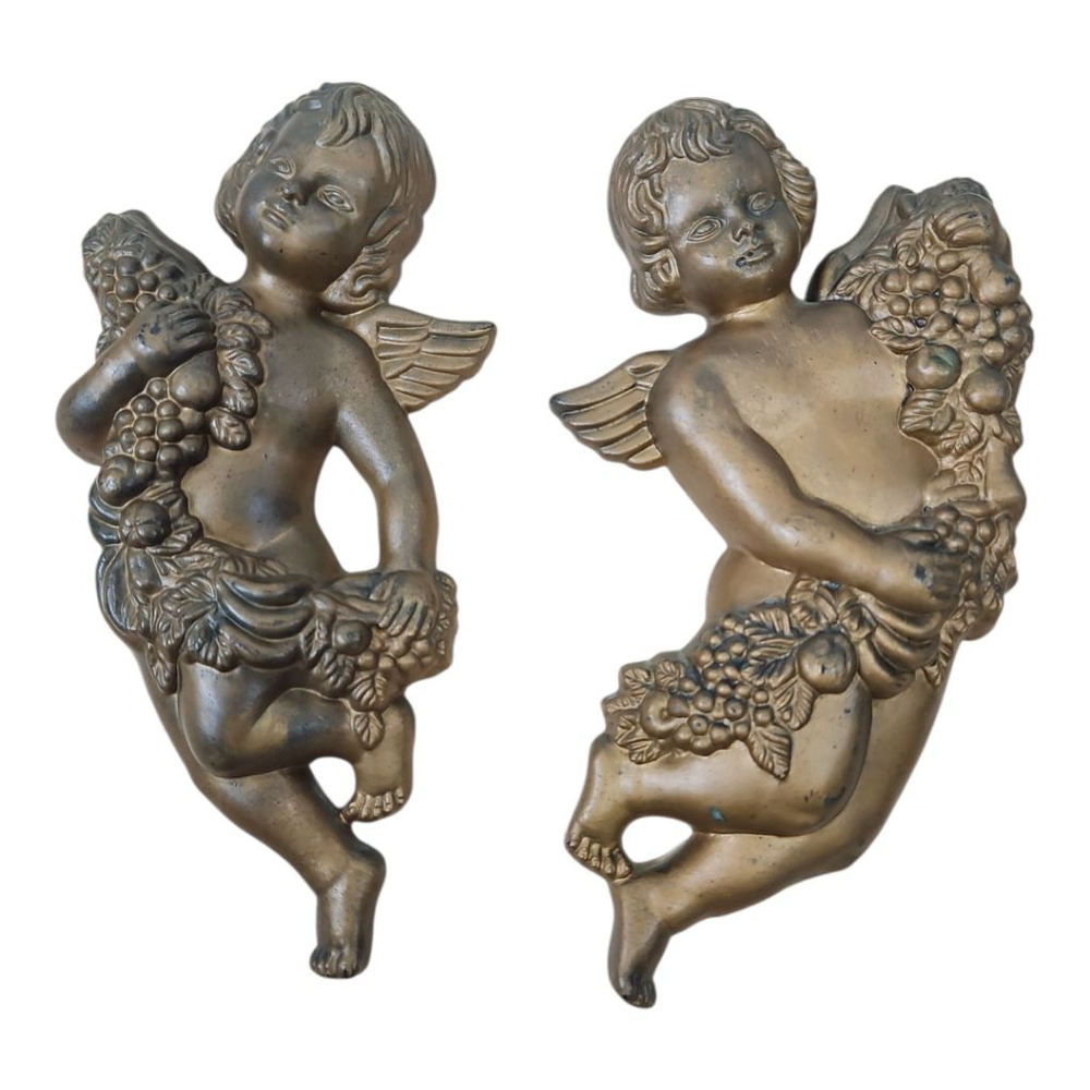 HF Vintage Gold Tone Cherub Angels 3D Wall Decor 2 Piece Plastic MCM